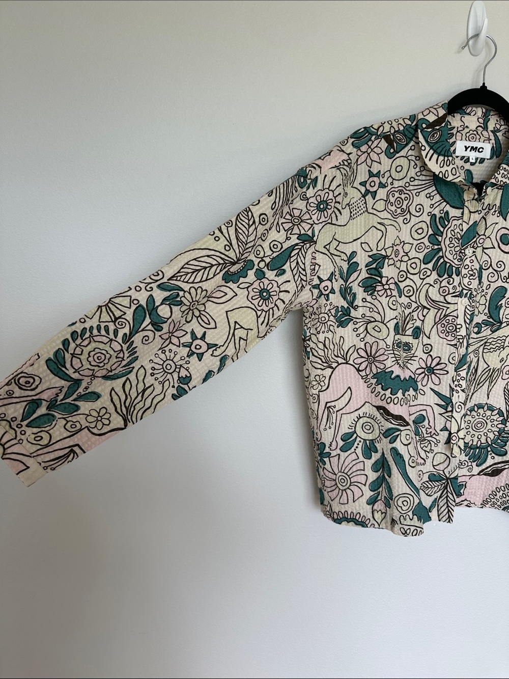 YMC Printed Button-Up shirt in Teal & Cream & Blush Pink
